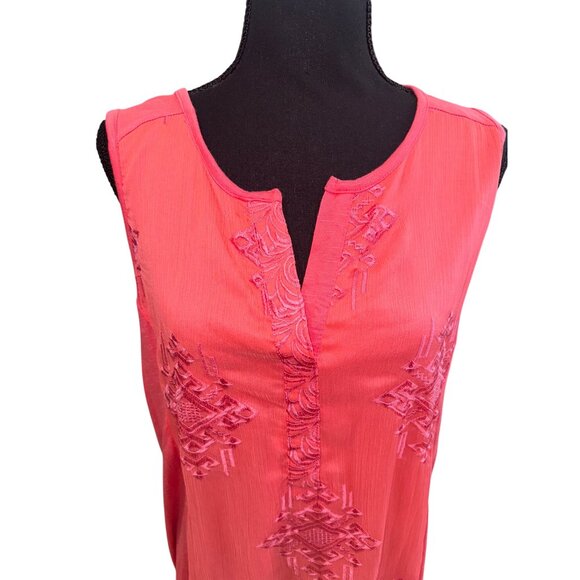 RXB Coral Sleeveless Tunic Top Embroidered Split Neckline L Resort Travel Casual - Picture 2 of 7